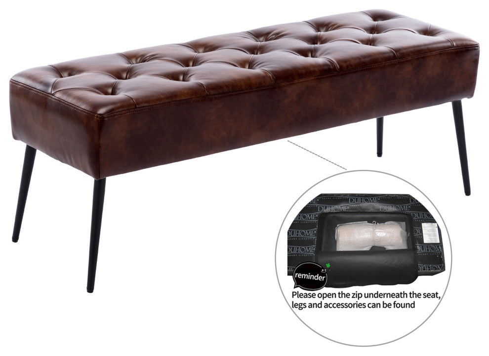 Button Tufts Bedroom Bench, Dark Brown With Black Legs-Faux Leather