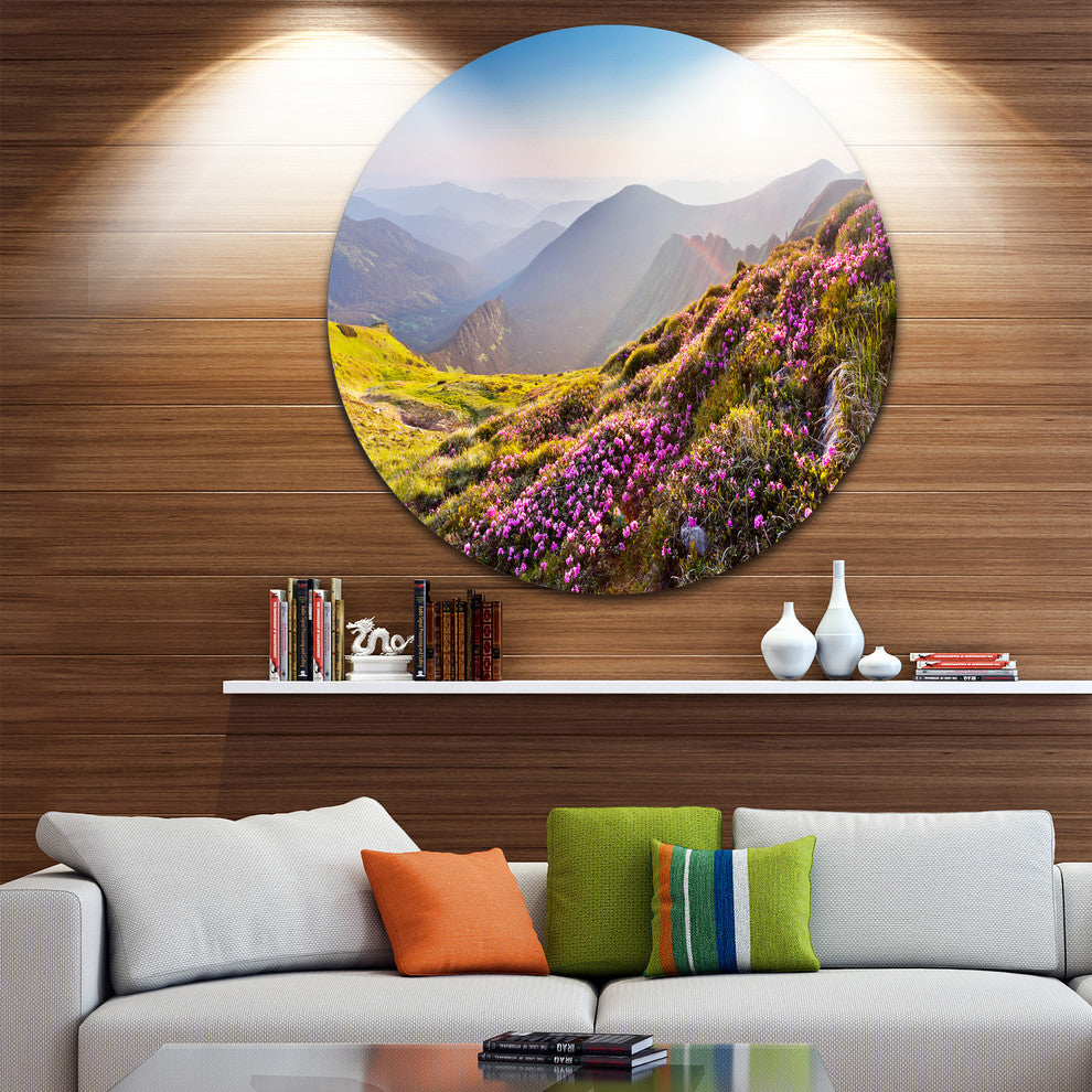 Magic Pink Flowers On Mountains, Landscape Photo Round Wall Art, 11"