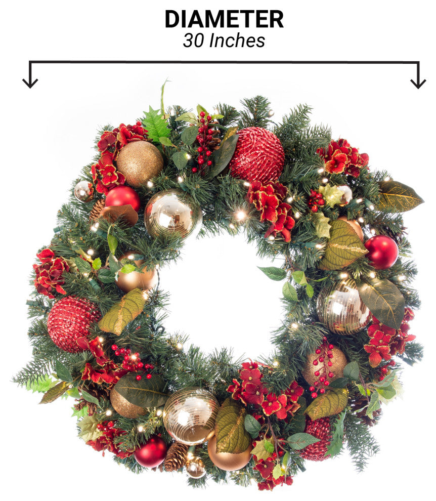 30" Lighted Christmas Wreath Scarlet Hydrangea