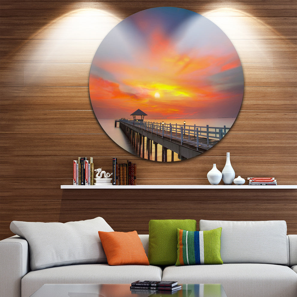 Wooden Bridge Under Yellow Sky, Sea Pier Round Wall Art, 11"