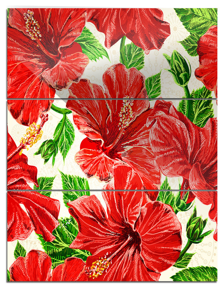 "Seamless Hibiscus Flowers Pattern" Metal Wall Art, 3 Panels, 28"x36"