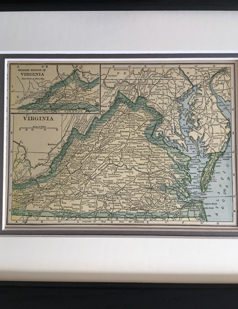 Vintage Virginia State Map, Framed Original Virginia Map- Authentic 1920s