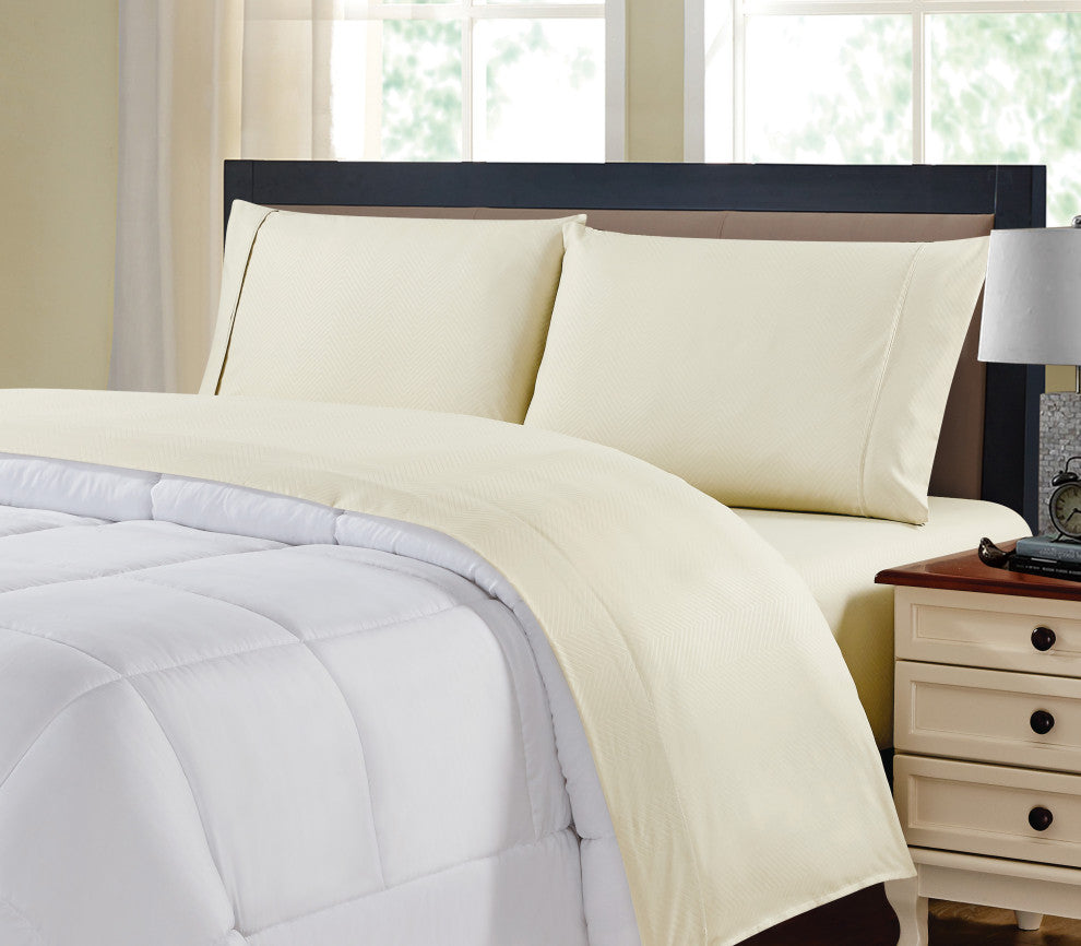 Kathy Ireland 4 Piece Chevron Embossed Sheet Set, Ivory, Queen