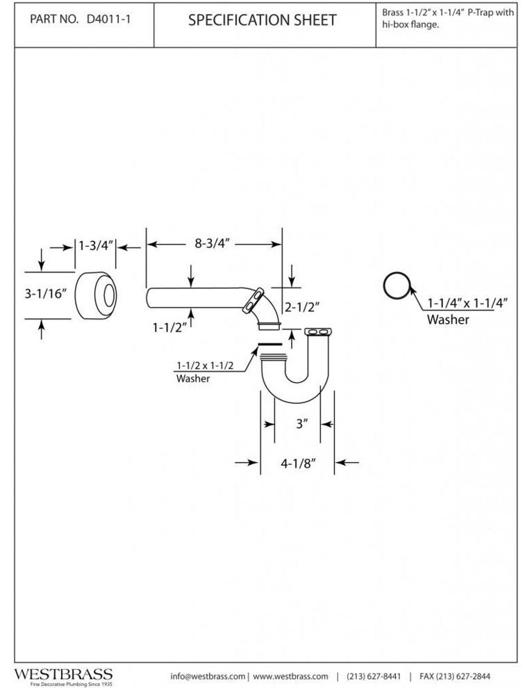 1.5" X 1.25" P-Trap With High Box Flange In Polished Brass