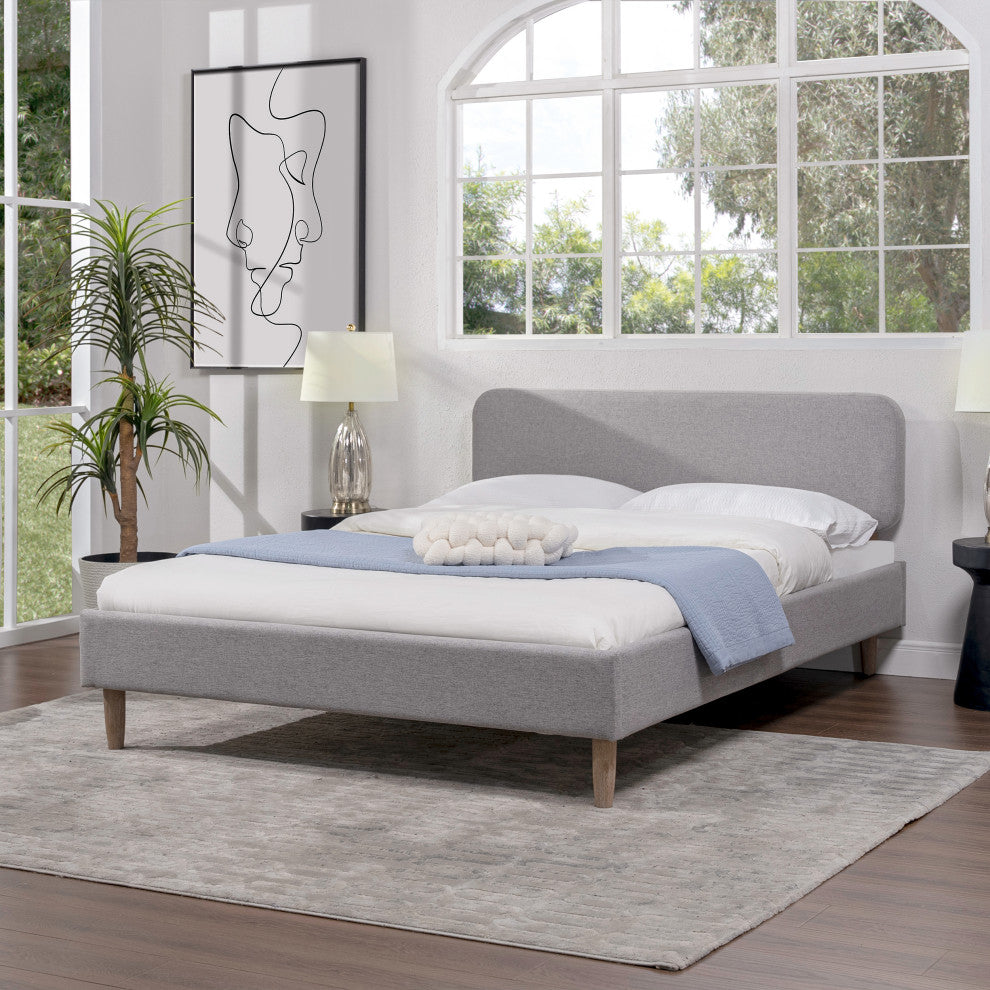 Diego Low Upholstered Platform Bed, Light Gray Polyester, Queen