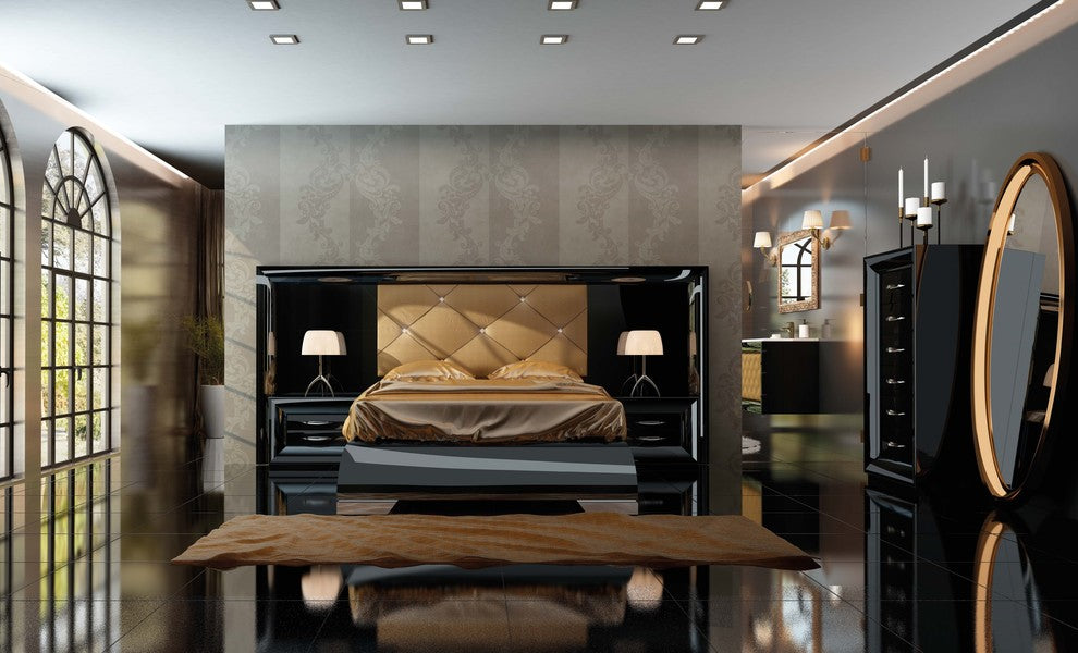 Md Sophie 43 Special Headboard Bedroom Set, Glossy Black, Queen