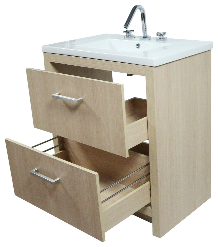 30" Single Sink Vanity, Neutral Finish With White Ceramic Top
