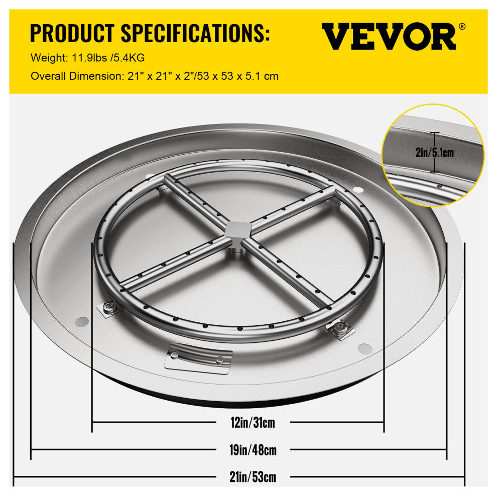 VEVOR Drop in Fire Pit Pan Gas Fire Pan 19" x 19" Fire Pit Pan Stainless Steel