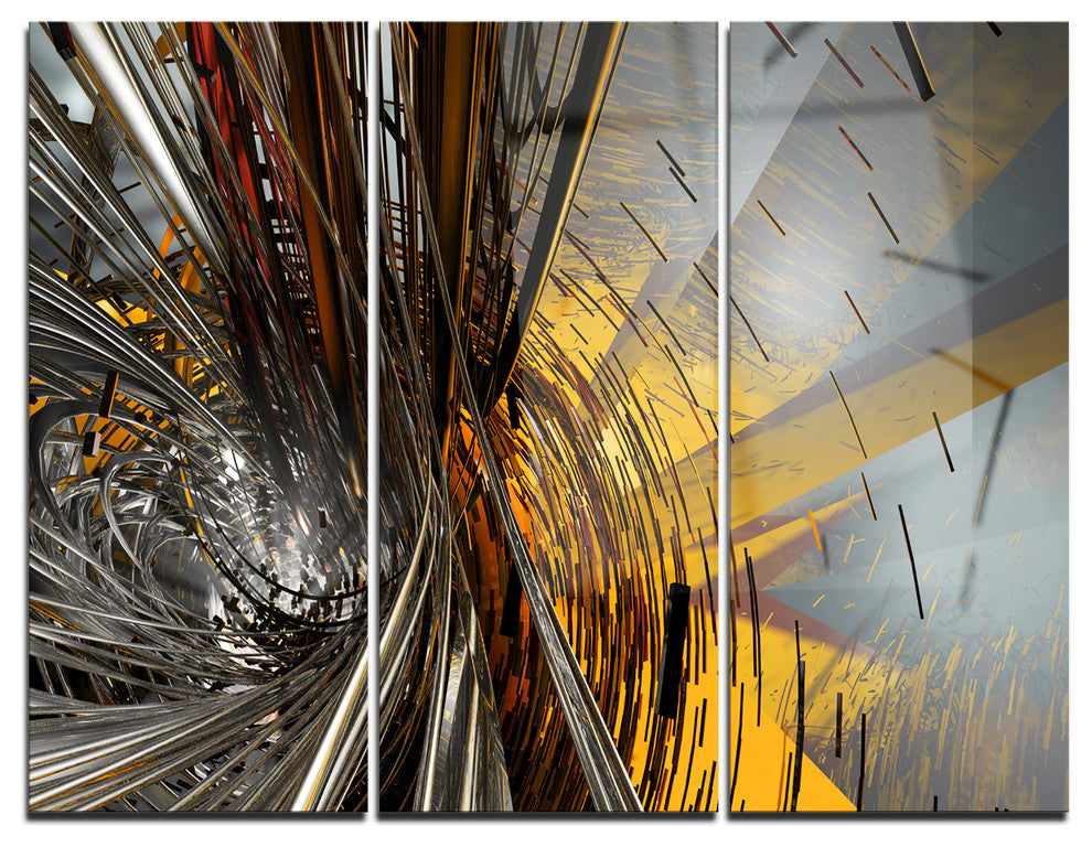 "Fractal Yellow Connected Stripes" Metal Wall Art, 3 Panels, 36"x28"