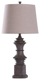Finn, Baluster Table Lamp, Dark Wood Grain Finish With Tapered Drum Tan Shade