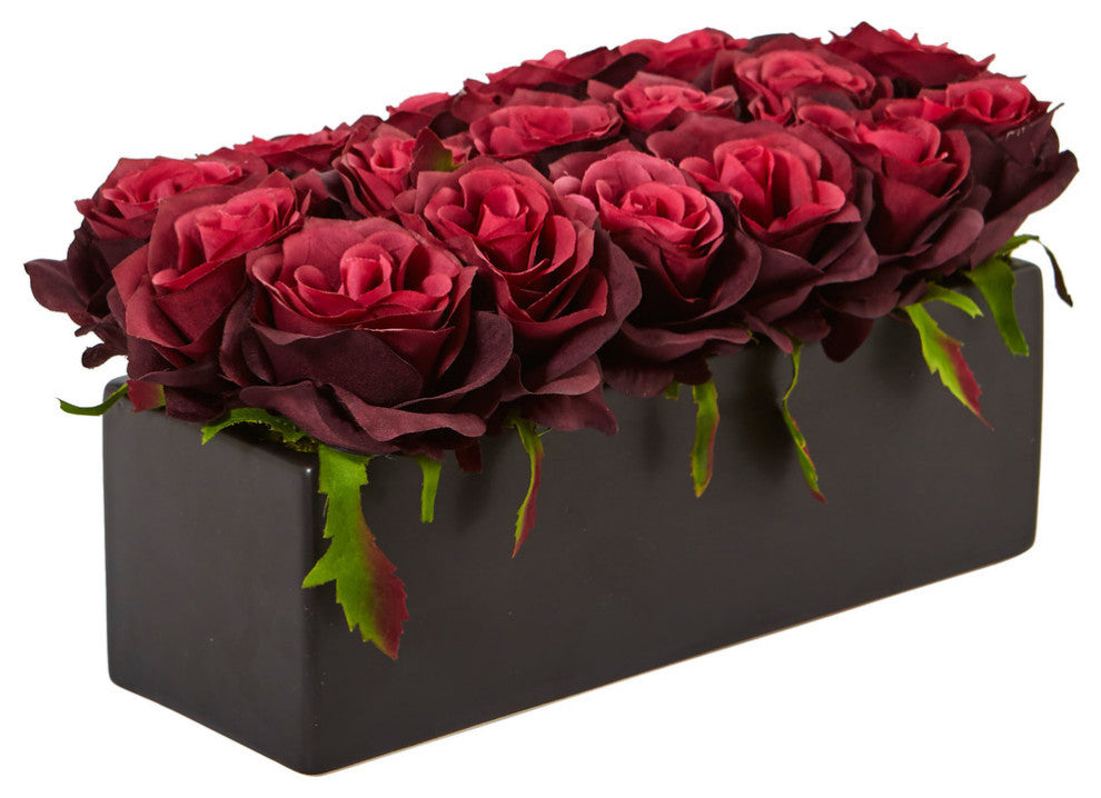 Dozen Silk Roses, Ceramic Rectangular Planter, Bergundy
