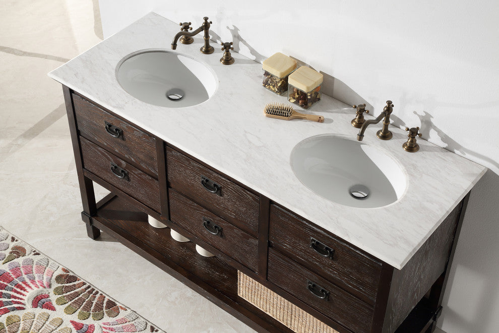 60" Wood Sink Vanity With Marble Top-No Faucet