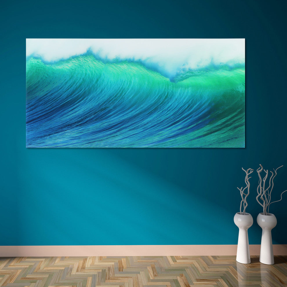 Blue Wave Wall Art Frameless Free Floating Tempered Art Glass 72"x36"