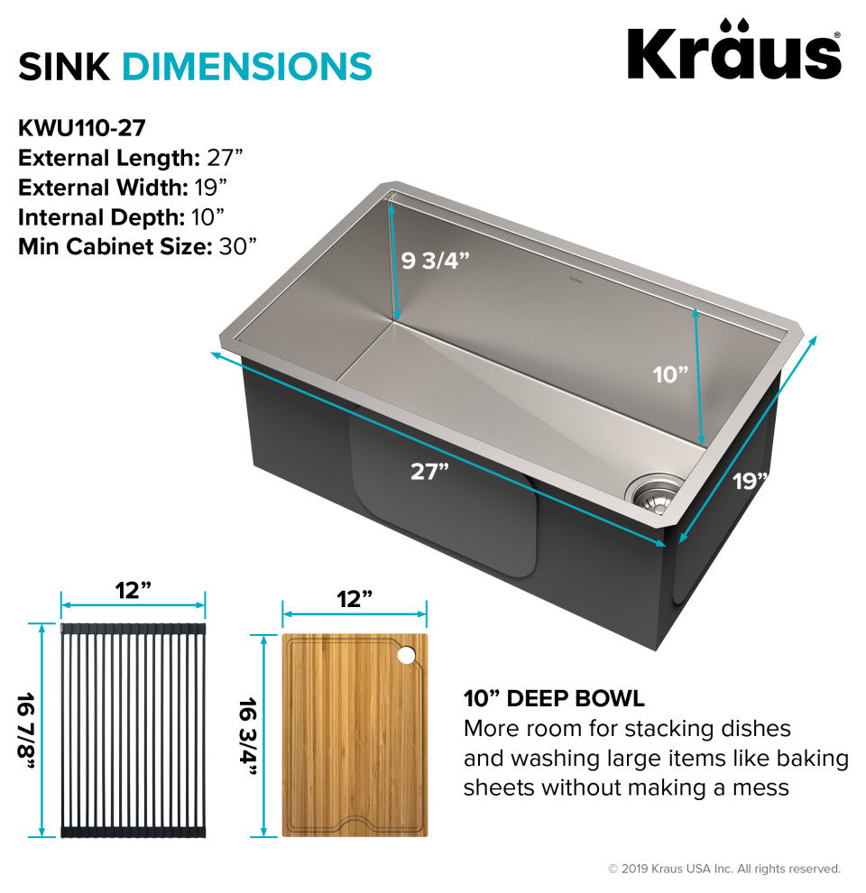 Undermount Stainless Steel 1-Bowl Kitchen Sink With Accessories, 27" Kwu110-27 W