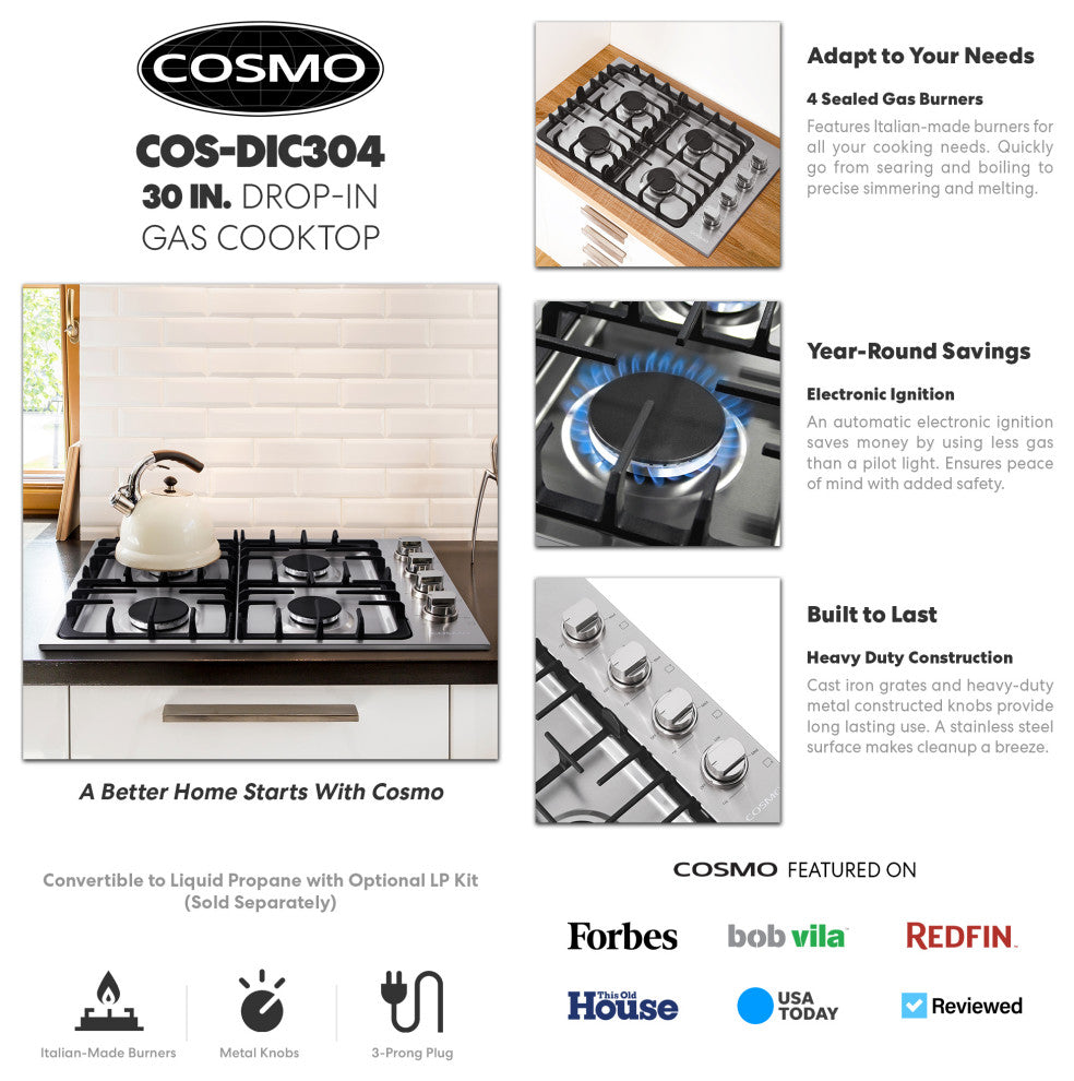 30 in. Luxury Gas Cooktop in Stainless Steel with 4 Italian Burners Easy Clean