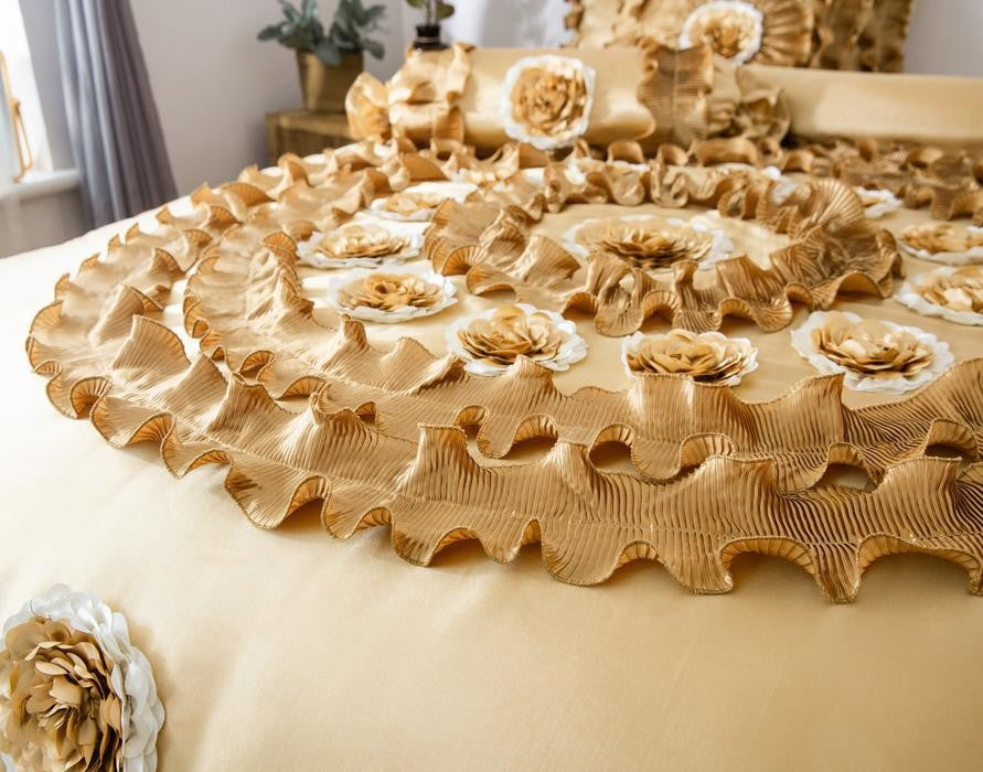 Gold Caramel Latte Ruffle Faux Satin Comforter Set, Cal King