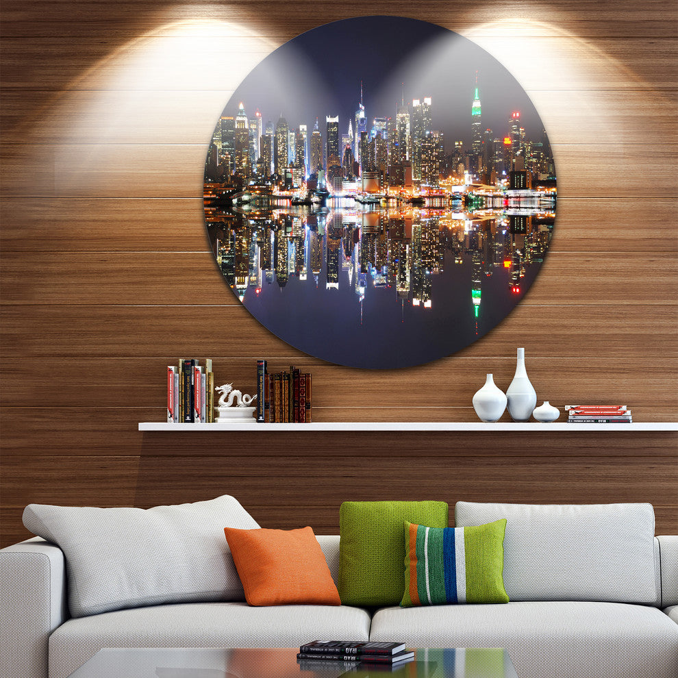 New York City Skyscrapers In Blue Shade, Cityscape Round Wall Art, 11"