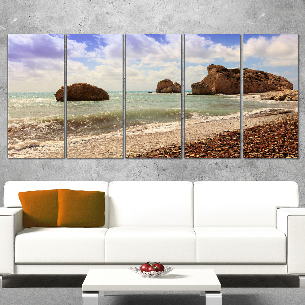 "Amazing Aphrodite'S Rock in Cyprus" Seascape Art Canvas, 5 Panels, 60"x28"