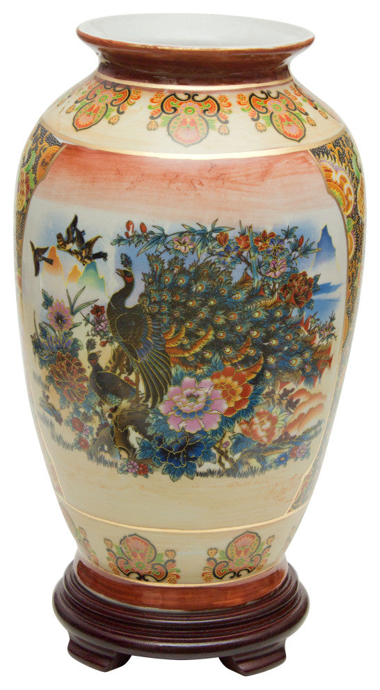 14" Satsuma Peacock Porcelain Tung Chi Vase