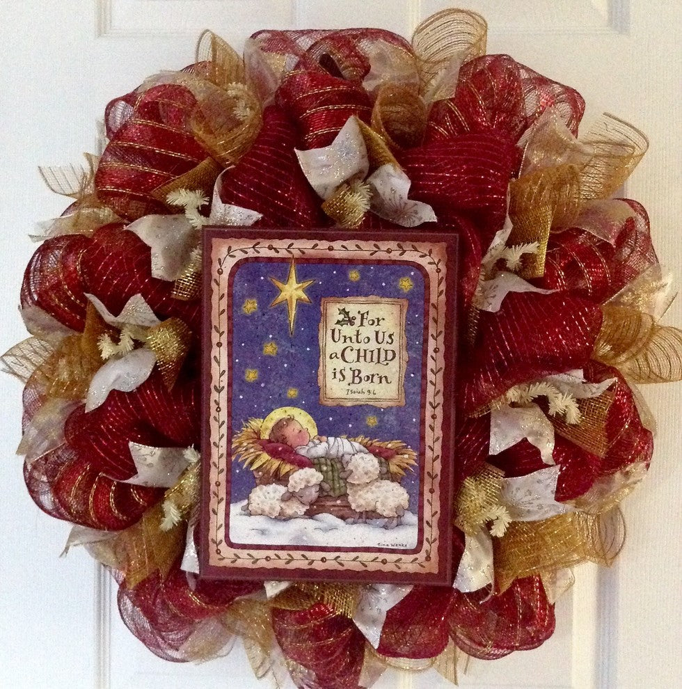 For Unto Us A Child is Born Christmas Deco Mesh Wreath Handmade