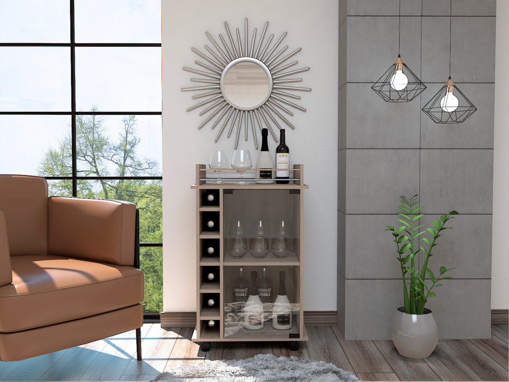 Vegas Bar Cart with Glass Door, 6 Wine Cubbies, and 2 Inner Shelves, Light Grey
