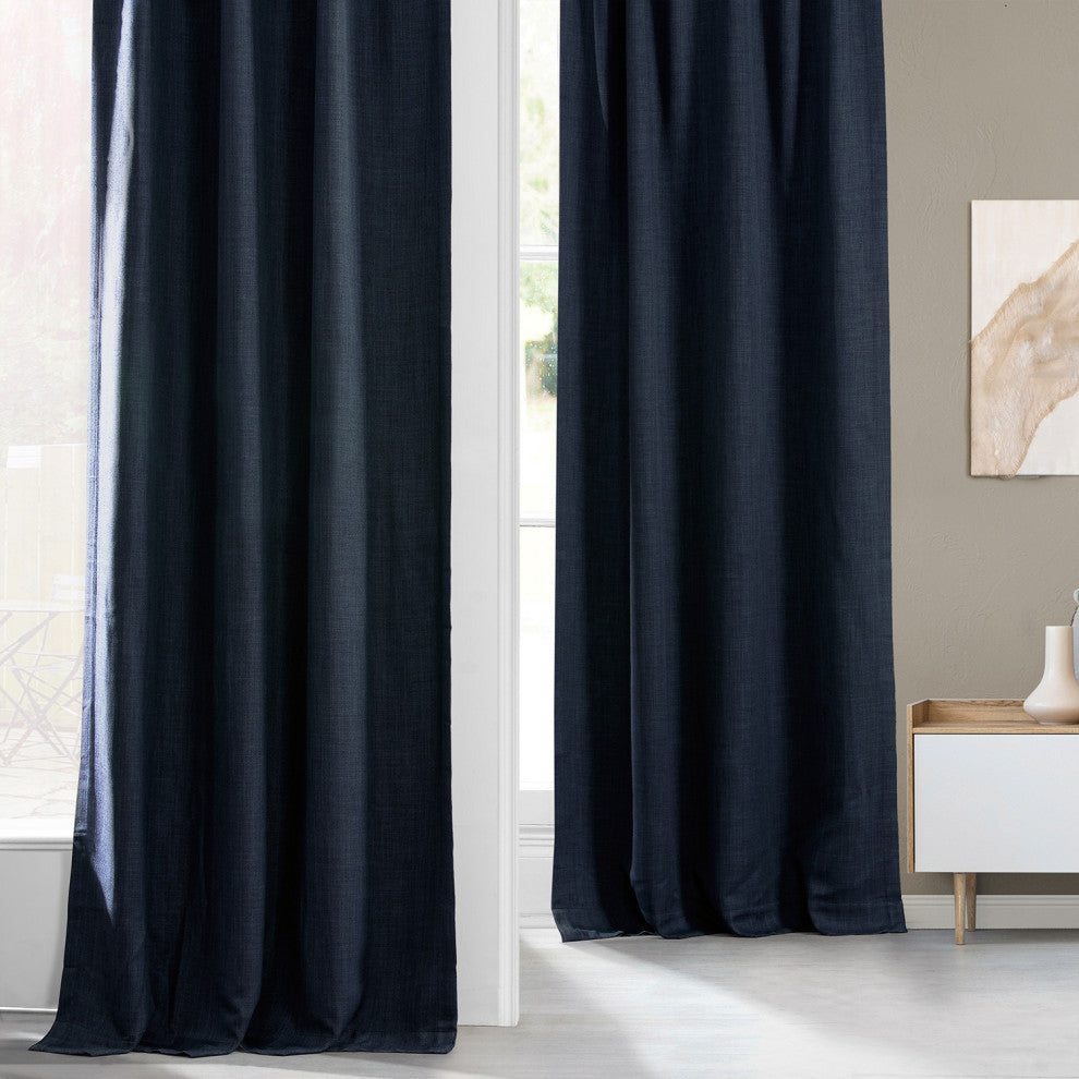 Faux Linen Darkening Curtain Single Panel, Nightfall Navy, 50"x108"