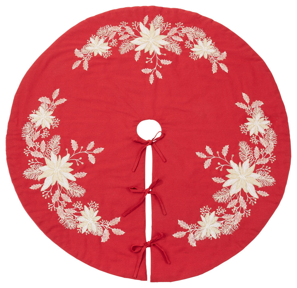Christmas Tree Skirt With Embroidered Holly Design, Red, 72"x72"