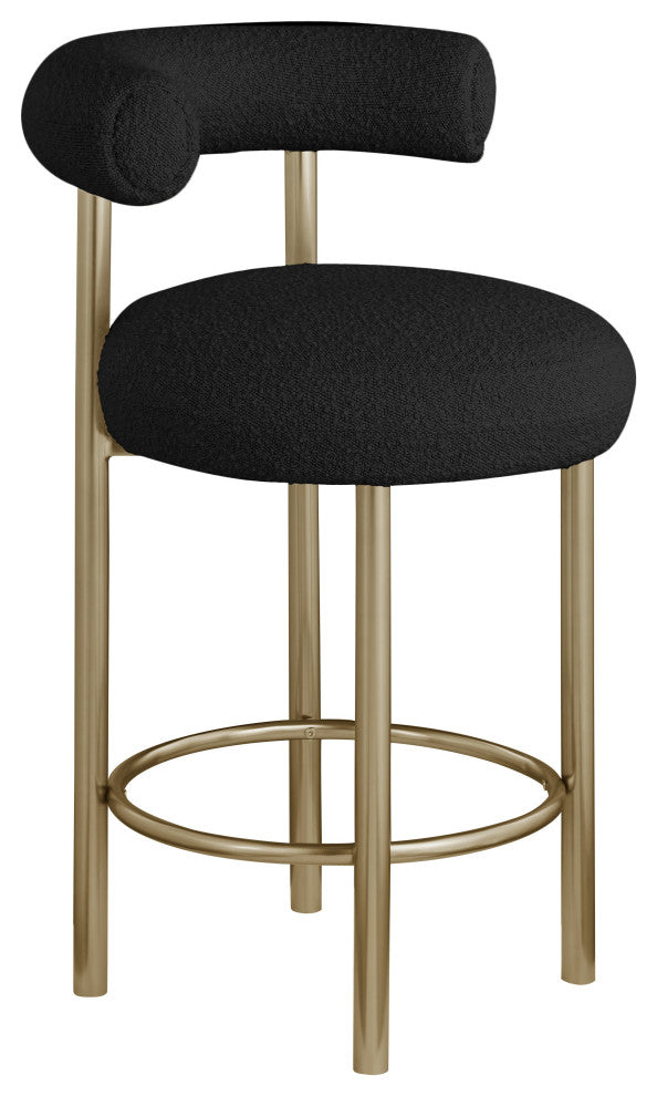 Bordeaux Upholstered Stool, Black, Boucle Fabric, Brushed Brass, Set of 2