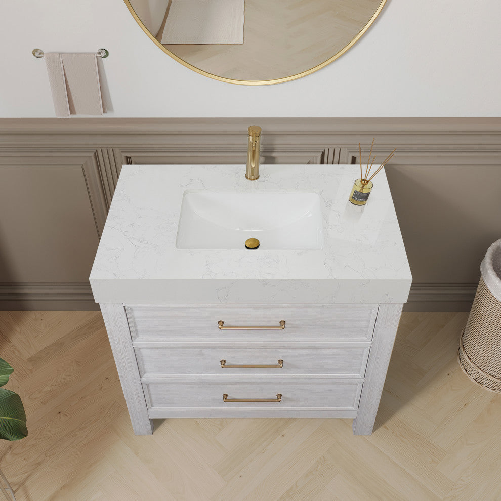 Leon Bath Vanity With Composite Stone Top, Washed White, 36", No Mirror