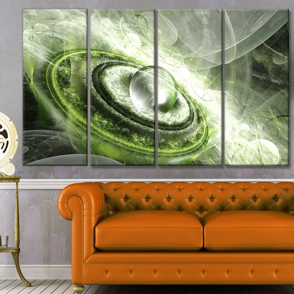 Green Fractal Flying Saucer, Abstract Canvas Art Print, 48"x28", 4 Panels