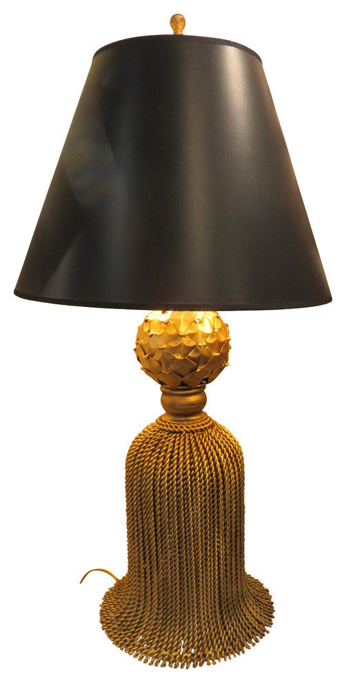 36" Gold Iron Tassel Table Lamp, Cottage Contemporary Romantic Ornate Black