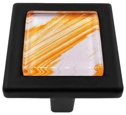 Hand Brushed Orange Tilted Strokes Crystal Glass Black Metal Square Manor Knob