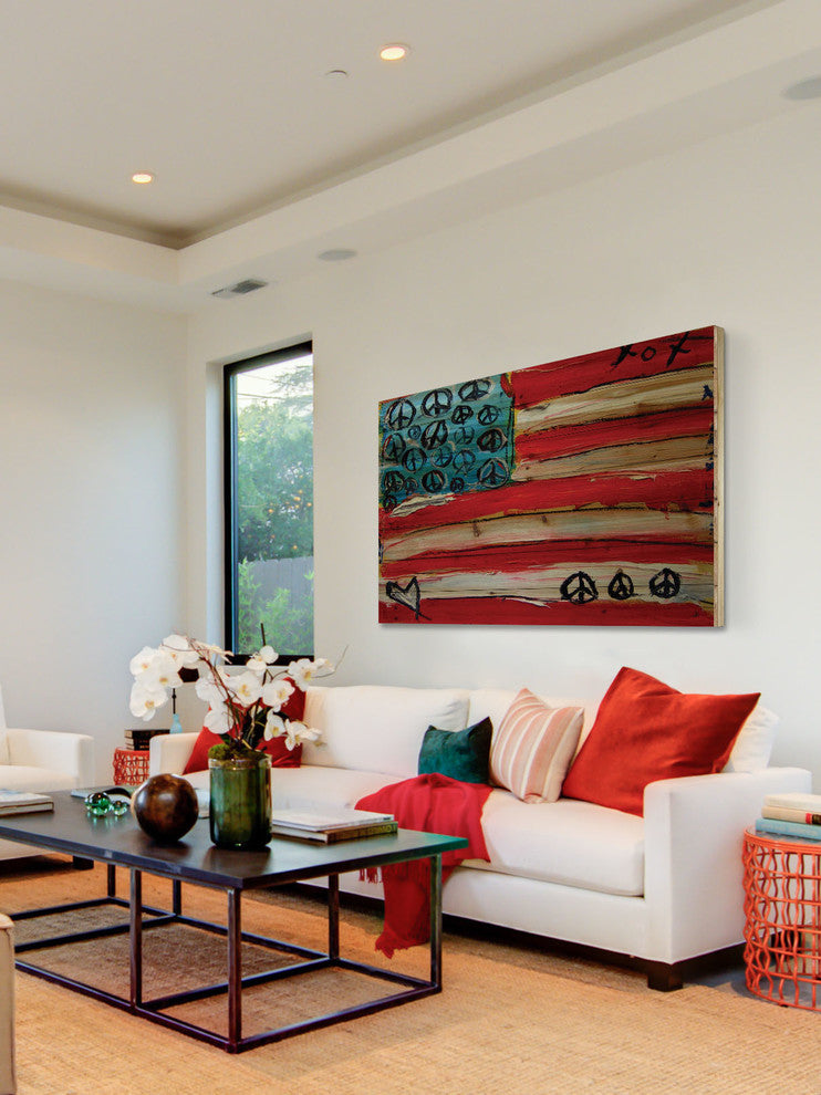 "Peace Flag" Print on Natural Pine Wood by Tori Campisi Painting