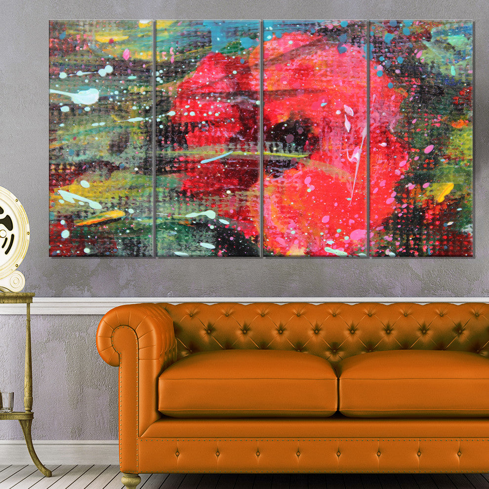 Red Poppy Acrylic Drawing, Extra Large Floral Wall Art, 48"x28", 4 Panels