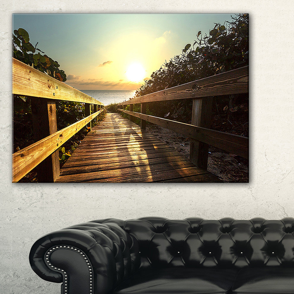 "Wood Boardwalk Into The Sunset Sea" Sea Bridge Canvas Art Print, 40"x20"