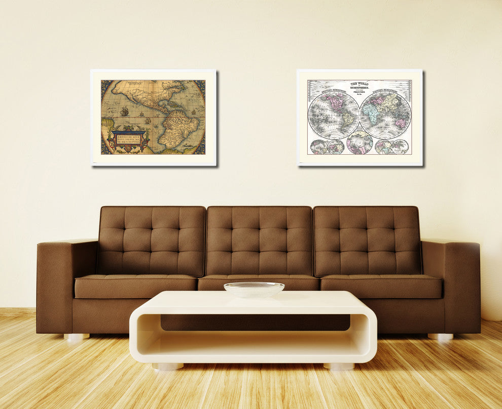 North South America Old Map Print On Canvas With Frame Art Collection 16" X 21"