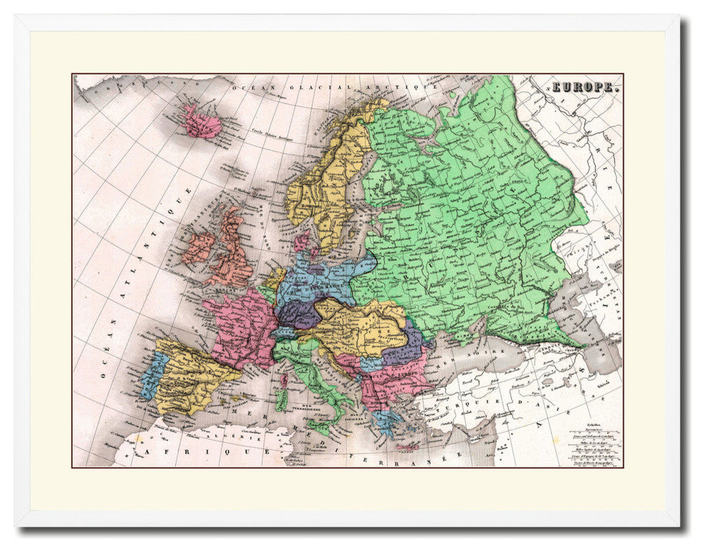 Europe Vintage Old Map Print On Canvas With Picture Frame 28" X 37"