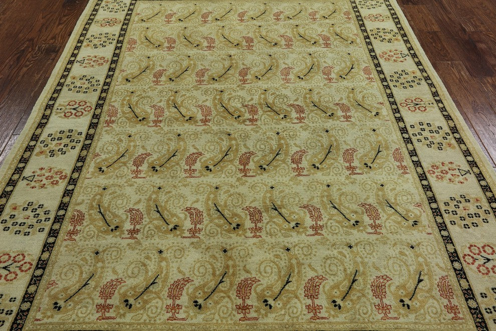 Oriental Ivory Oushak Hand-Knotted Peshawar Chobi Wool Rug, 6'x9'