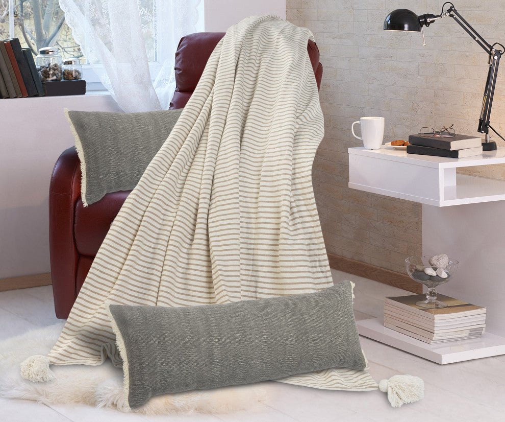 Charcoal Gray Solid Fringed Throw Pillow, 14" X 36"