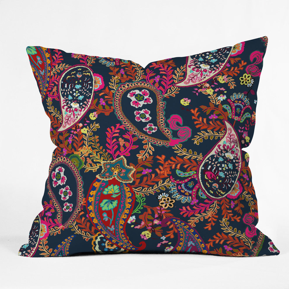 Rachelle Roberts Boho Paisley Navy Outdoor Throw Pillow