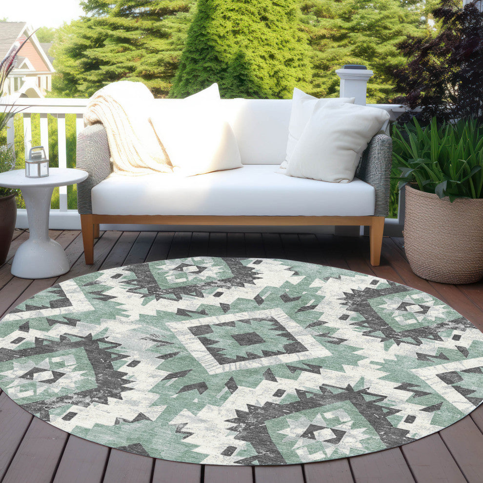 Machine Washable Indoor/Outdoor Chantille ACN1878 Teal 8' x 8' Round Rug