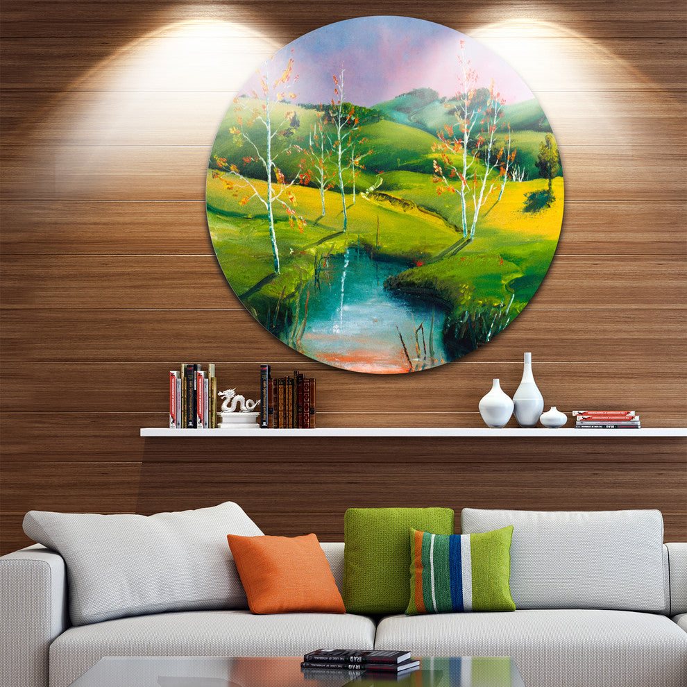 Endless Green Pastures, Landscape Painting Disc Metal Artwork, 11"