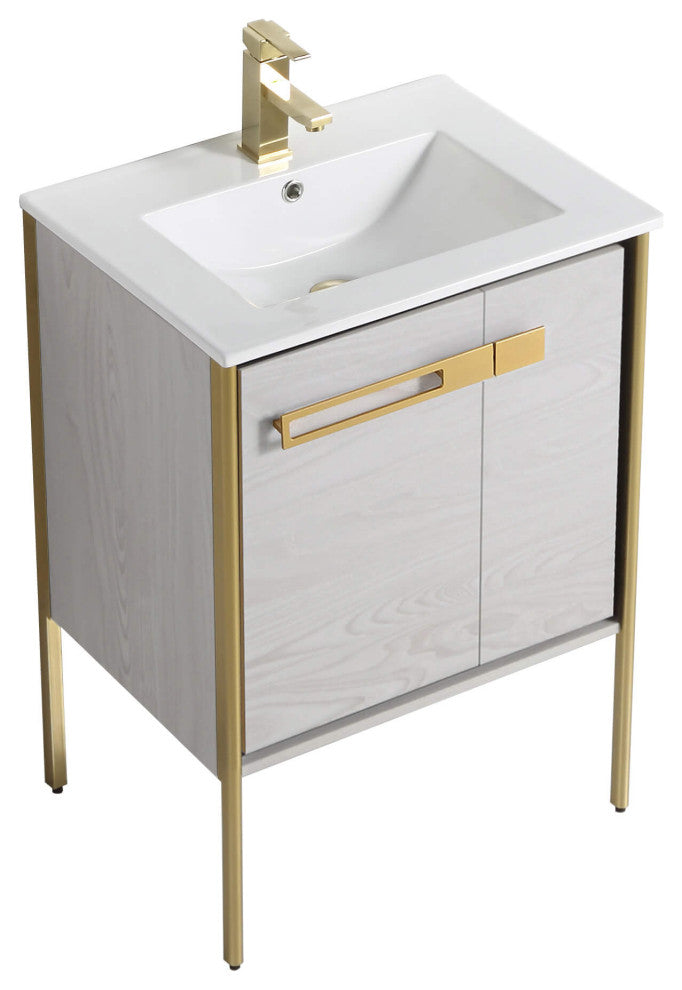Oakville Bath Vanity, Ceramic Sink, Mild Grey Oak, 24 Inch, Satin Brass Hardware