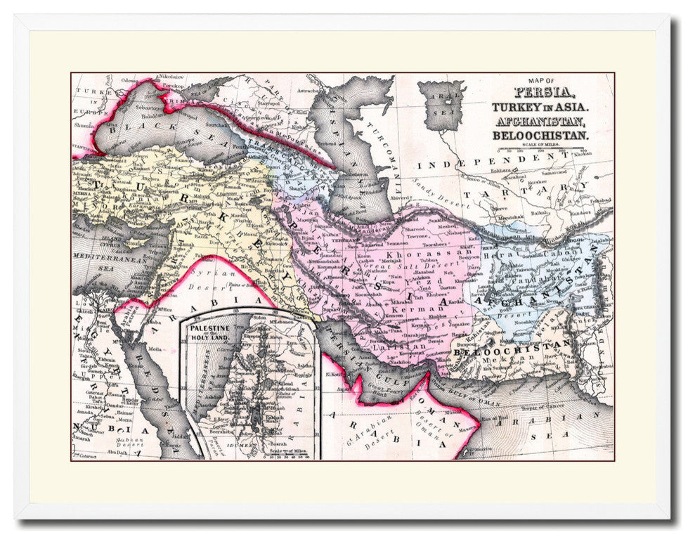 Persia, Iraq, Iran, Afghanistan Old Map Print On Canvas With Frame 28" X 37"