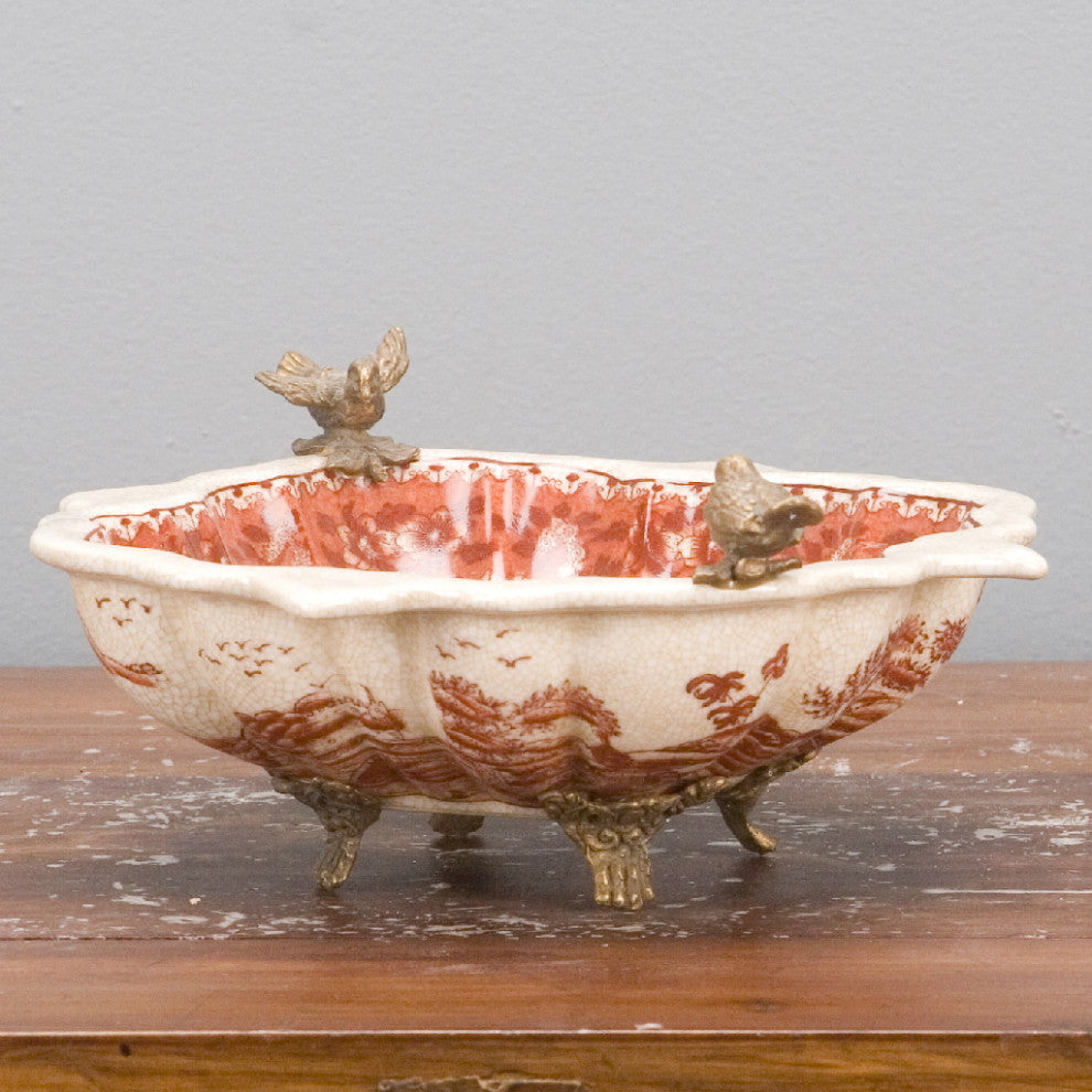 Platter with bronze birds accent- red and white