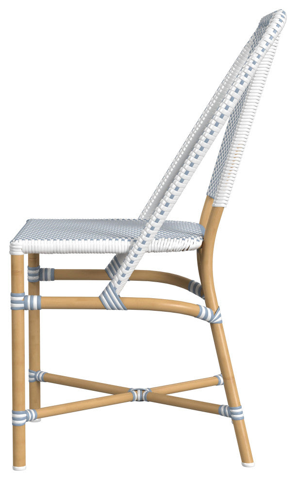 Tobias Outdoor Rattan and Metal Bistro Dining Chair, Blue and White