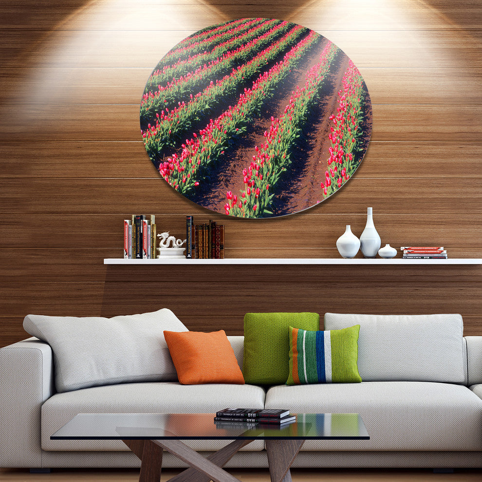 Beautiful Field Of Red Tulip Flowers, Landscape Round Artwork, 11"
