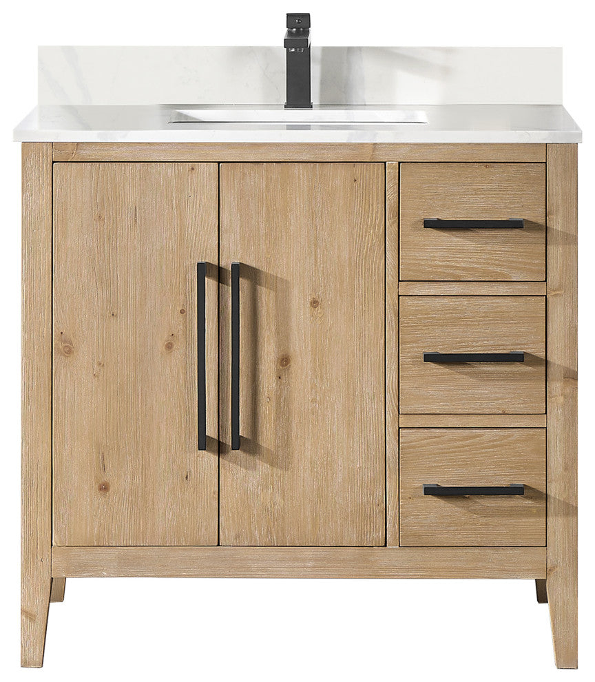 Laurel Bathroom Vanity with Calacatta White Quartz Stone Countertop, Weathered Fir, 36", Without Mirror