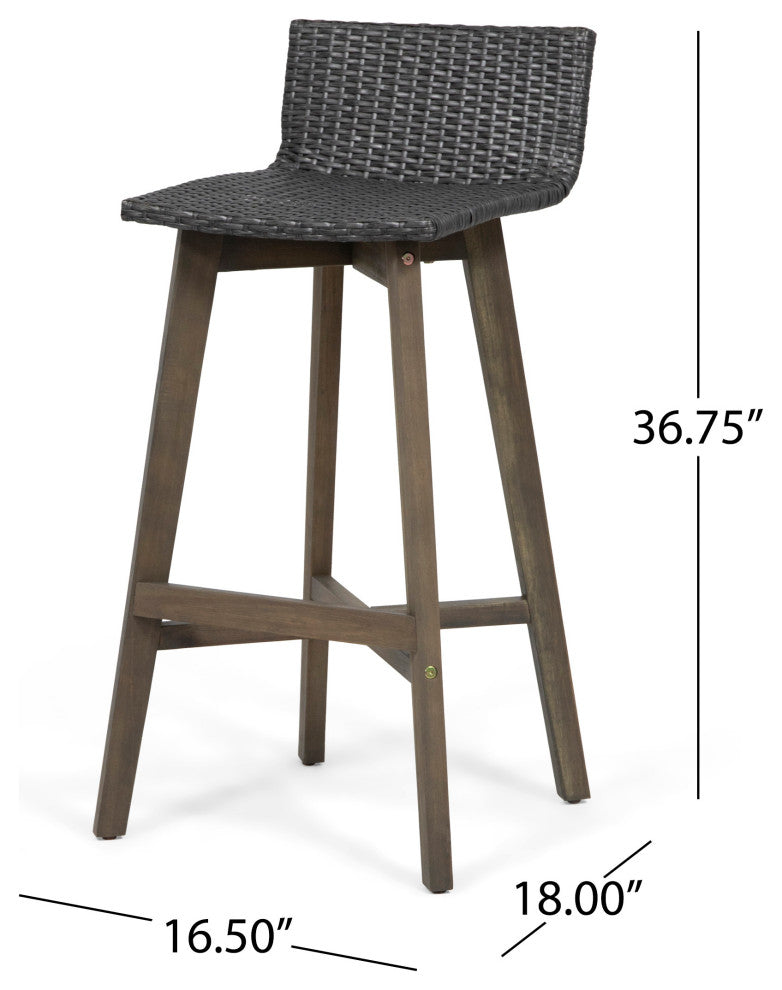 Jessie Outdoor Wood and Wicker Barstool, Set of 4, Gray, Gray Finish