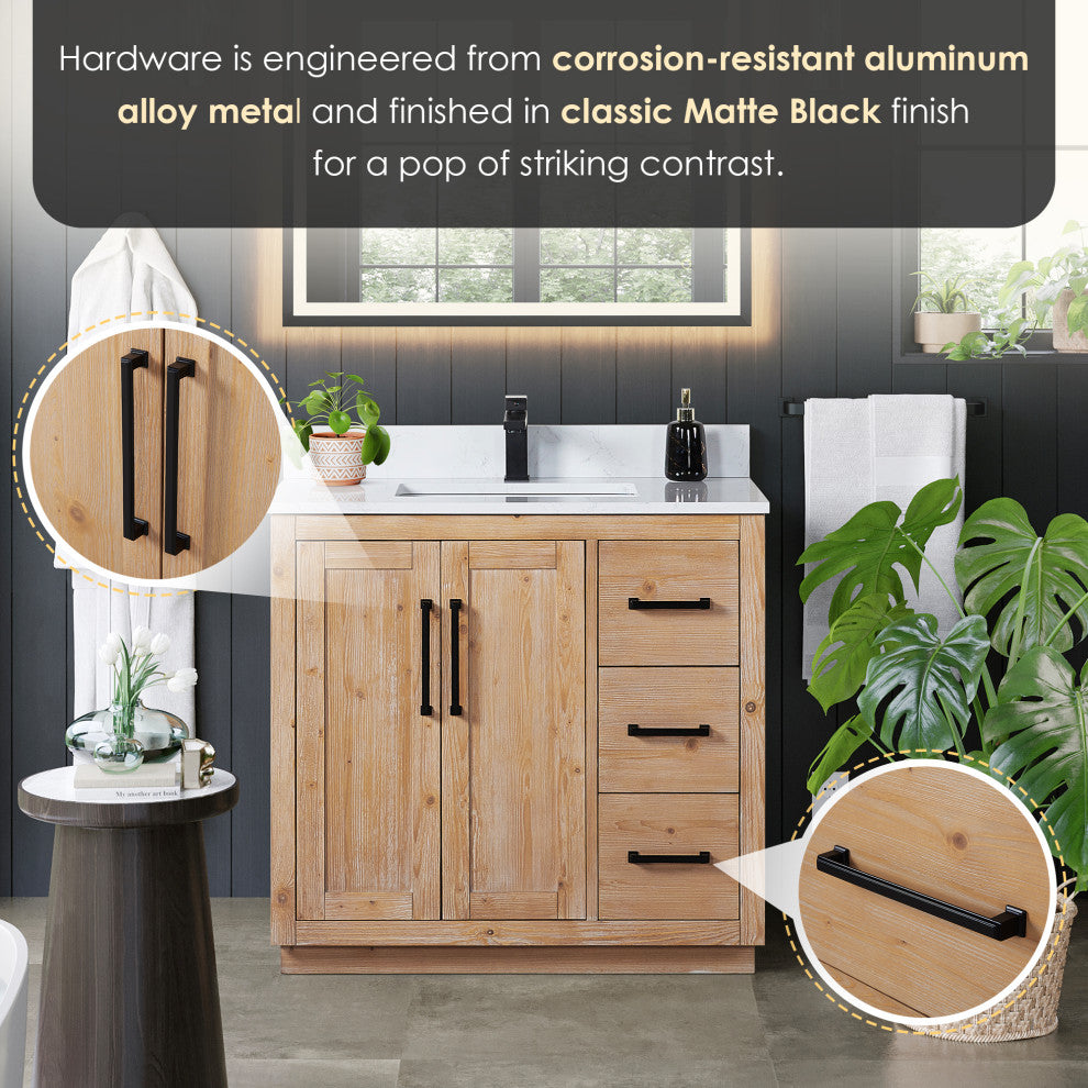 Cicero Vanity, Grain White Engineered Stone Countertop, Light Brown, 36", No Mirror